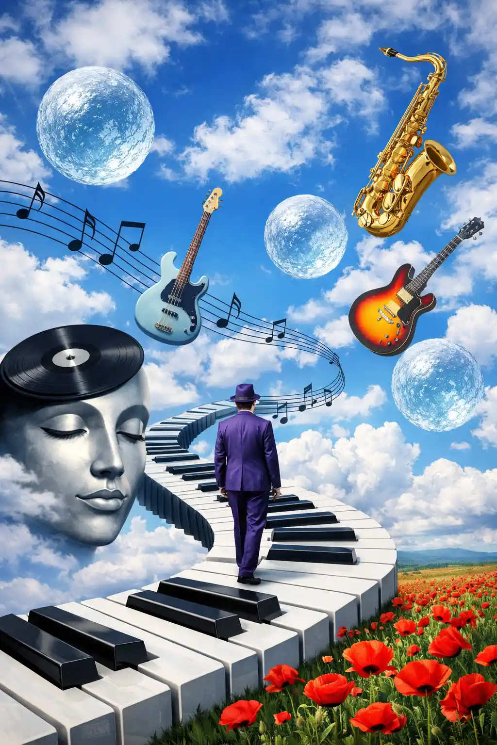 Surreal piano path through a bright sky of music