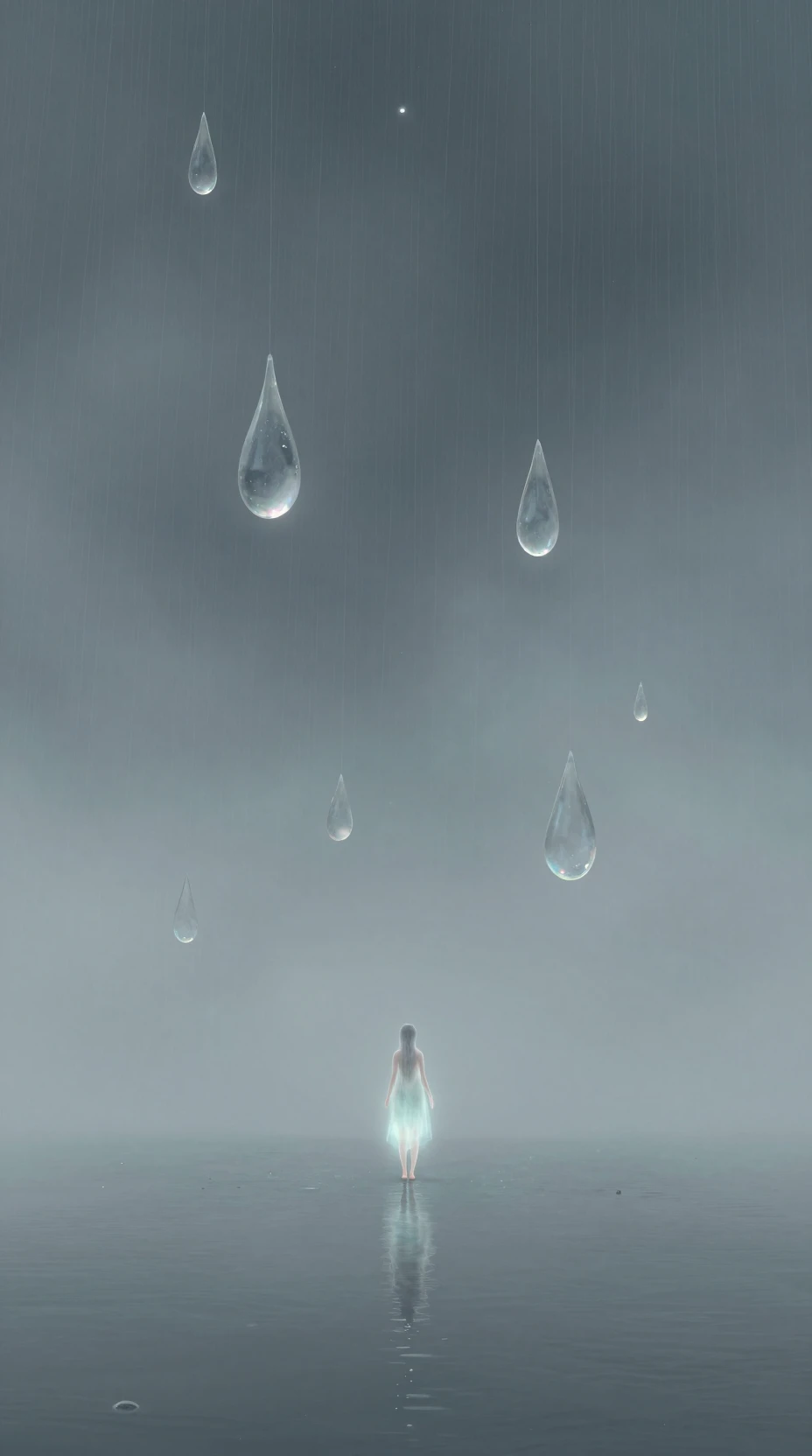 Tiny glowing figure beneath towering glasslike raindrops