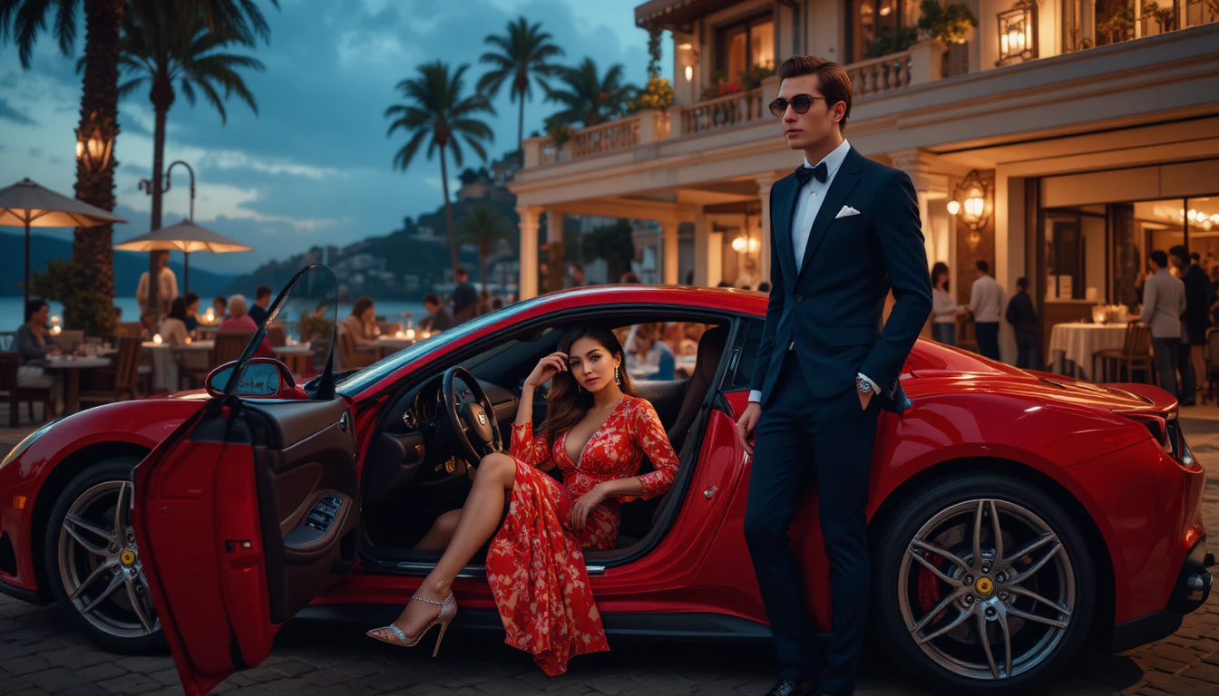 Elegant woman stepping from red luxury car in Monaco street