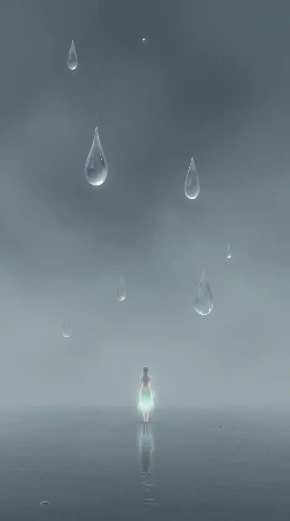 Tiny glowing figure beneath towering glasslike raindrops