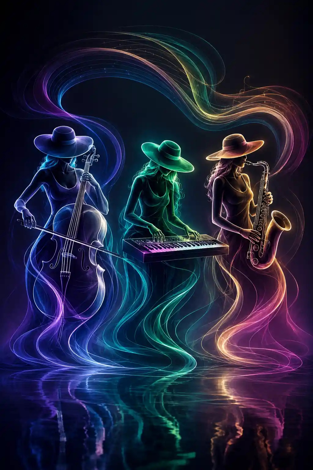 Abstract neon trio of female musicians in flowing light