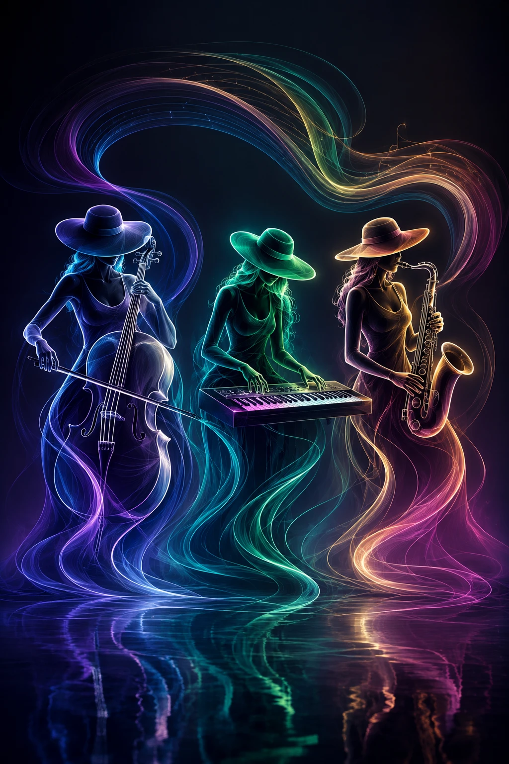 Abstract neon trio of female musicians in flowing light