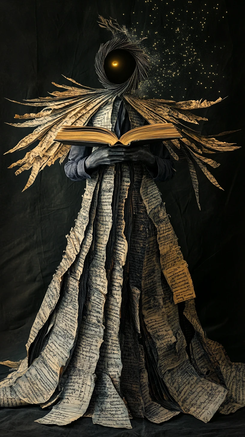 Supernatural librarian in a robe of flowing calligraphy