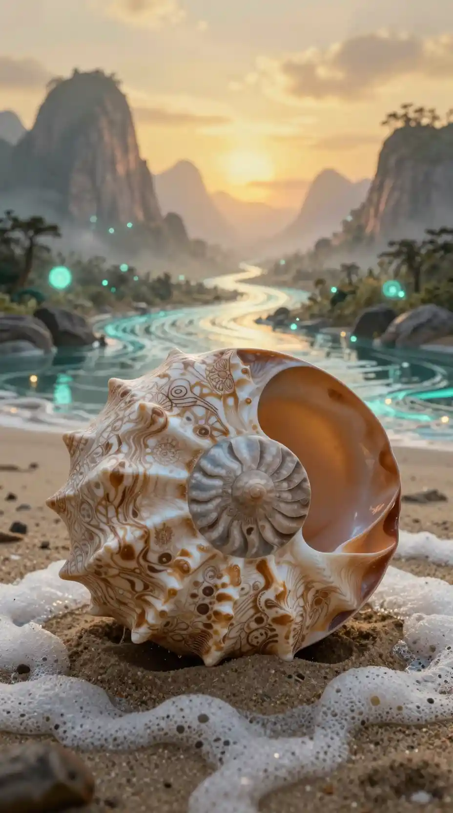 Macro nautilus shell revealing a glowing fantasy paradise