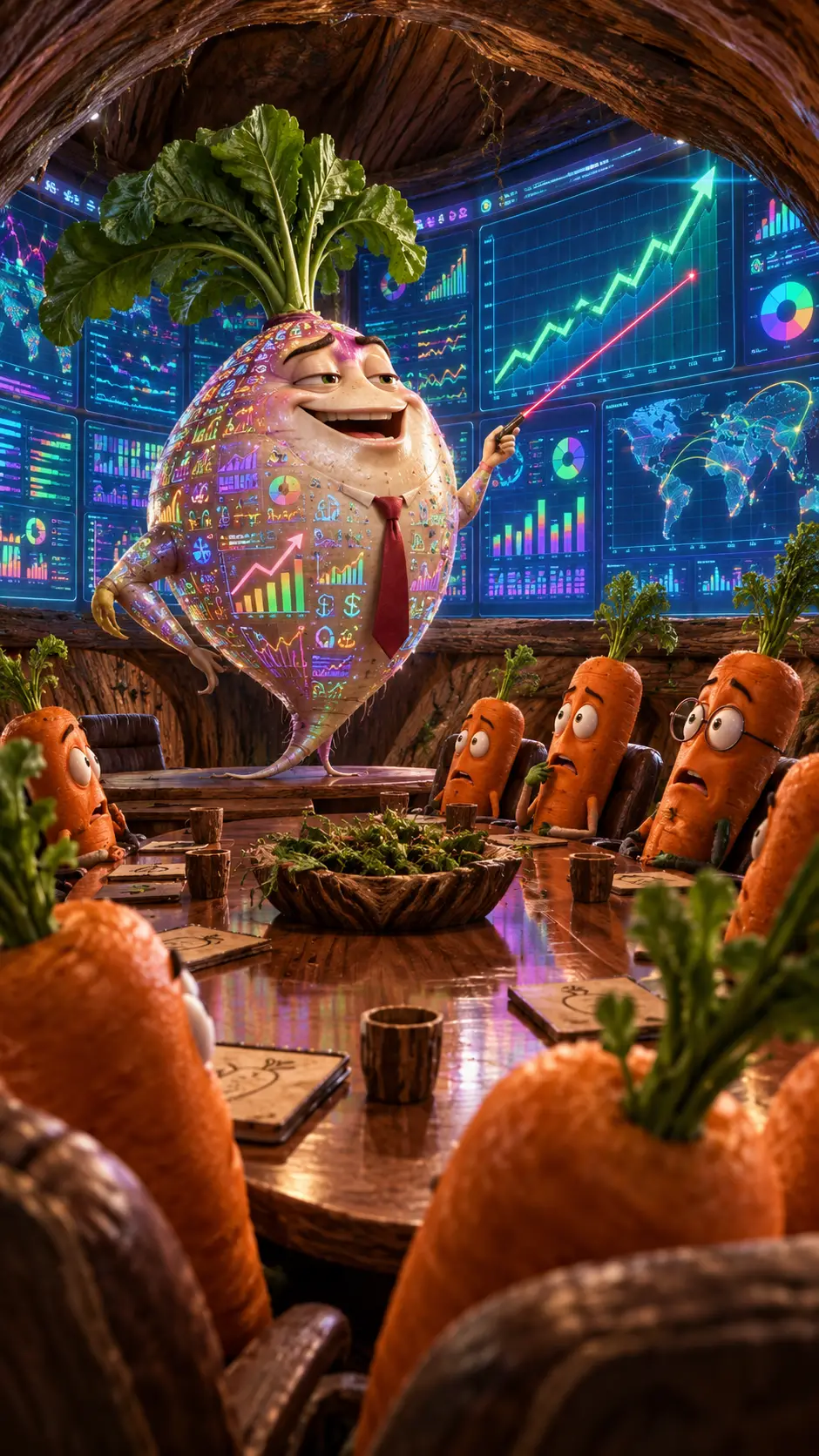 Confident vegetable presenting earnings to confused carrot audience