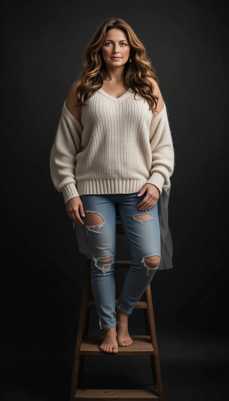 Curvy woman on ladder in white sweater studio portrait