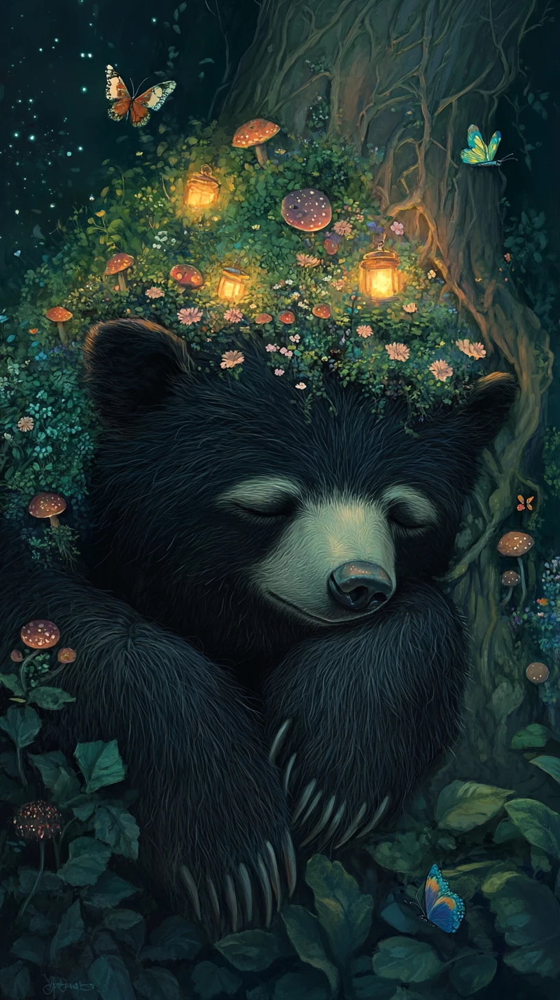 Sleeping sloth bear with tiny enchanted forest on its back