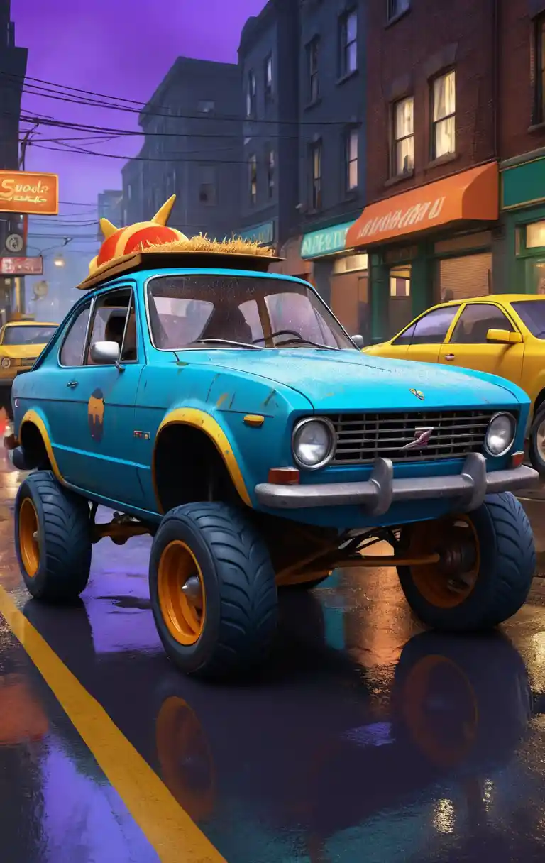 Anthropomorphic cartoon vehicles racing down a wet night city street