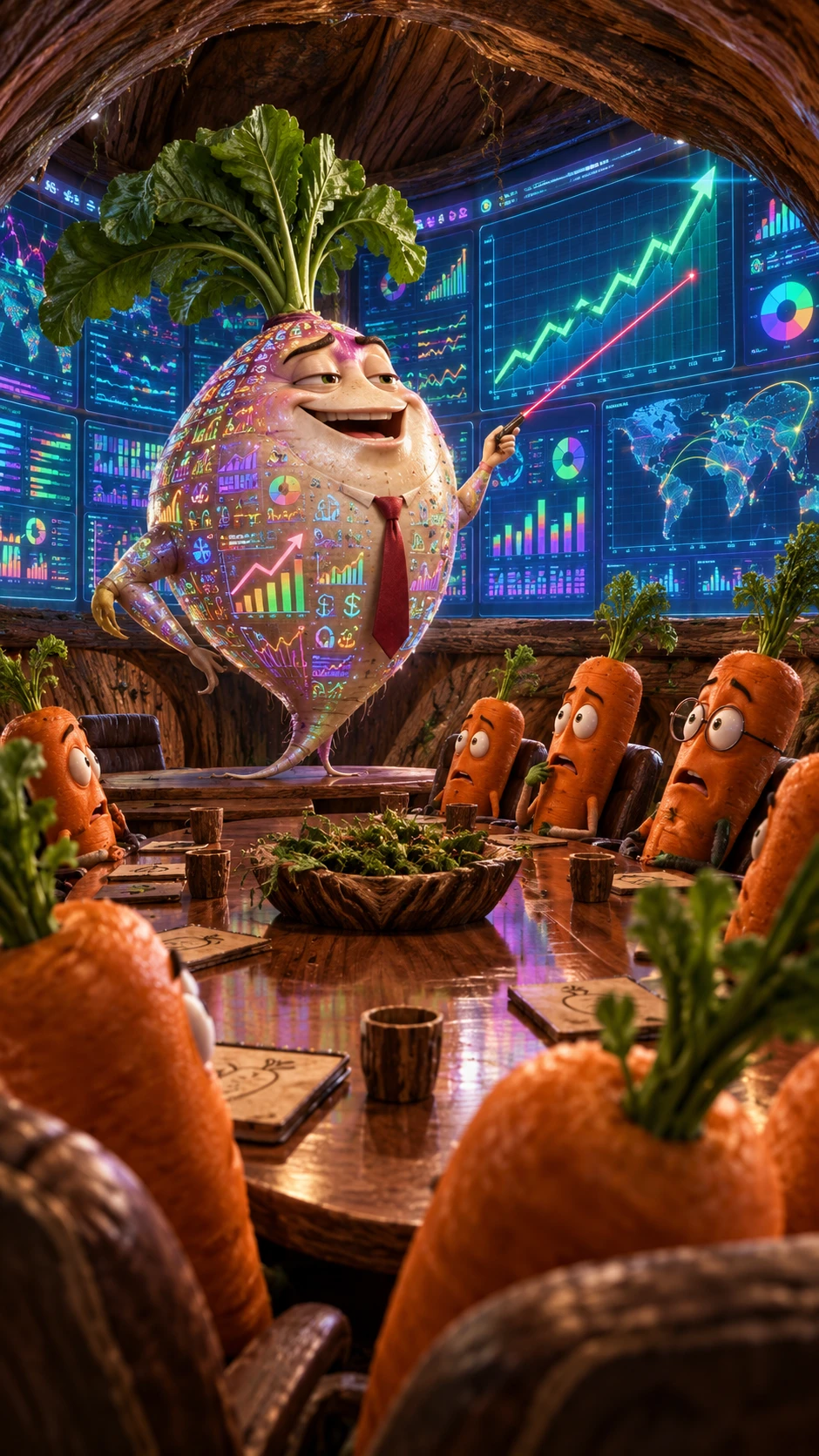 Confident vegetable presenting earnings to confused carrot audience