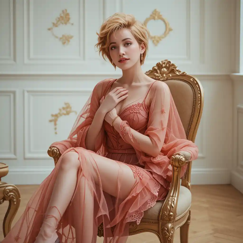 Elegant woman in lace tulle on ornate gold armchair