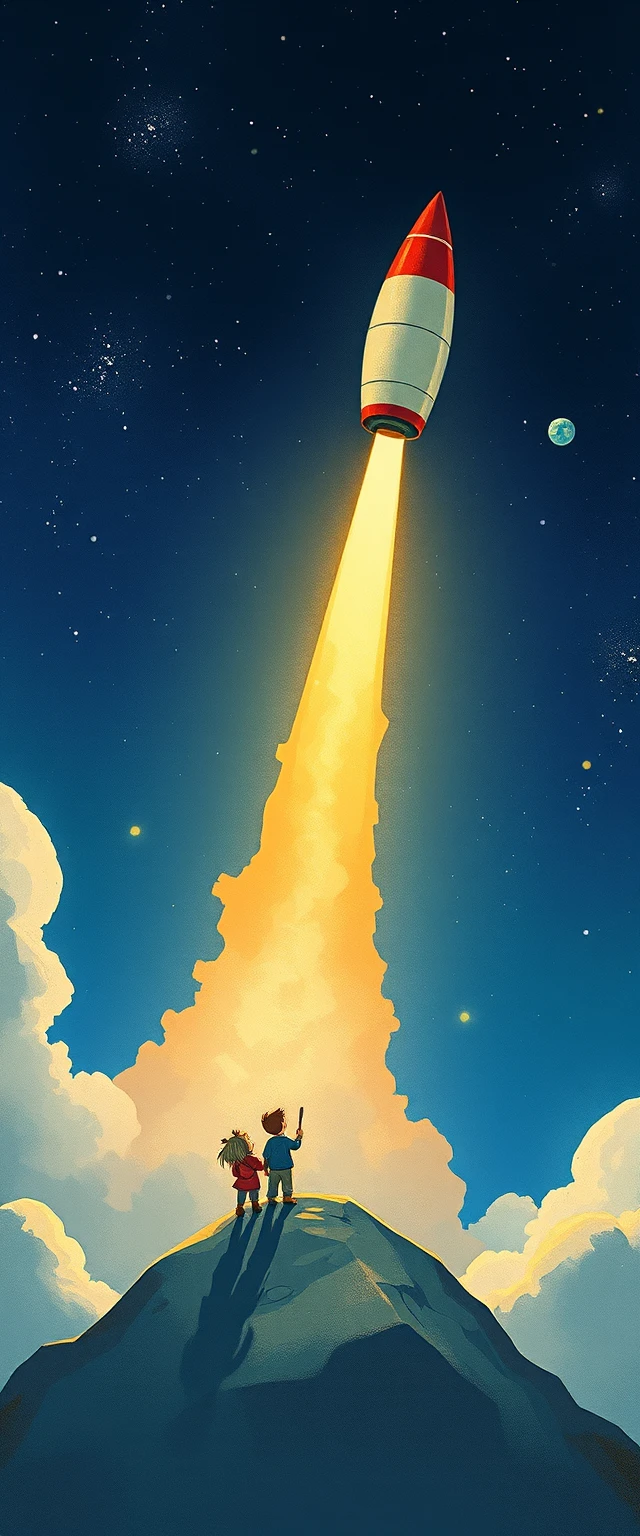 Rocket launching from Earth in whimsical watercolor space scene