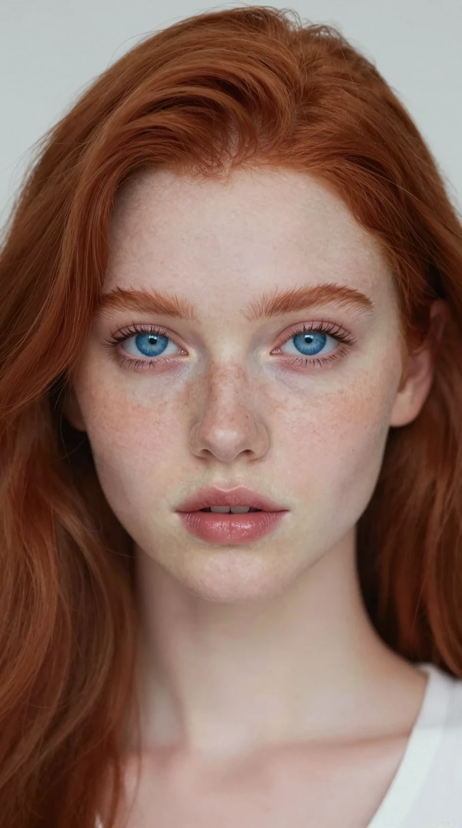 Close up portrait of red haired girl with blue eyes