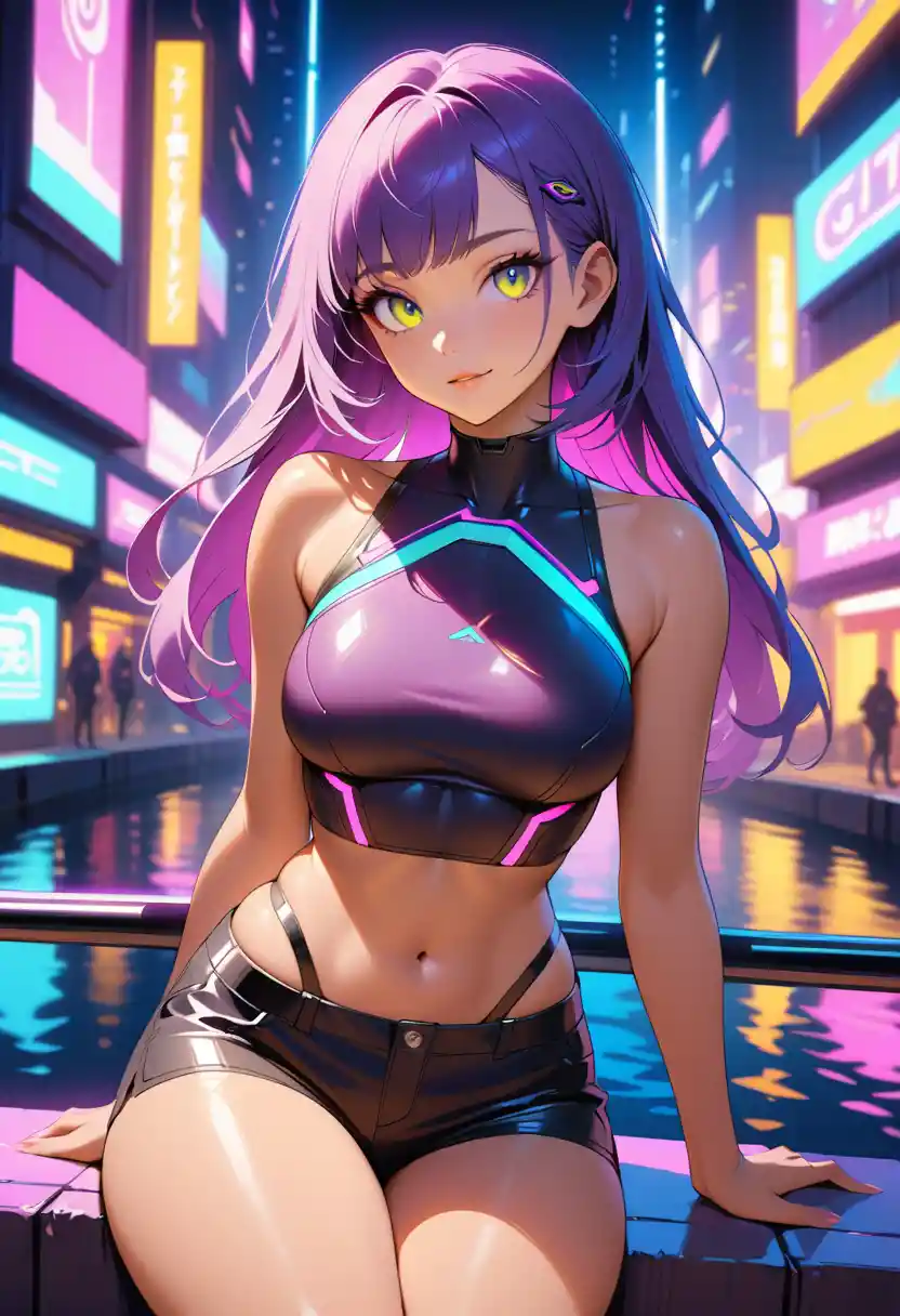 Donna cyberpunk con capelli viola sul lungofiume futuristico