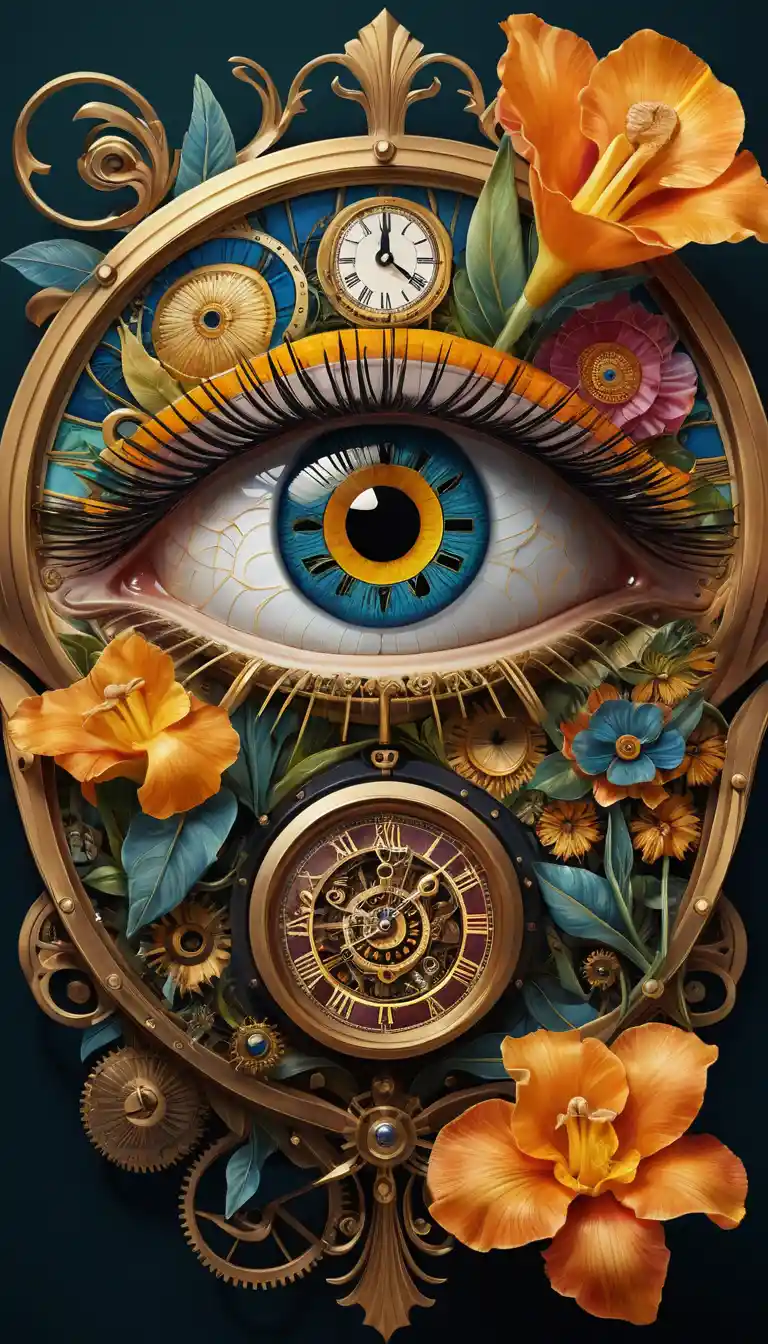 Surreal close up eye with clock iris and flowers