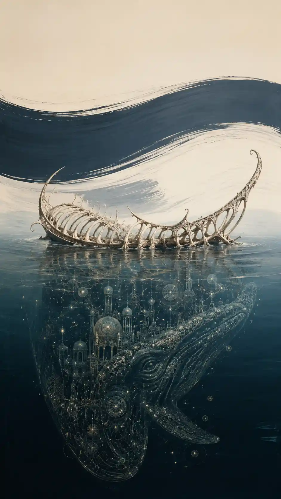 Surreal skeletal boat drifting across a minimal abstract sea