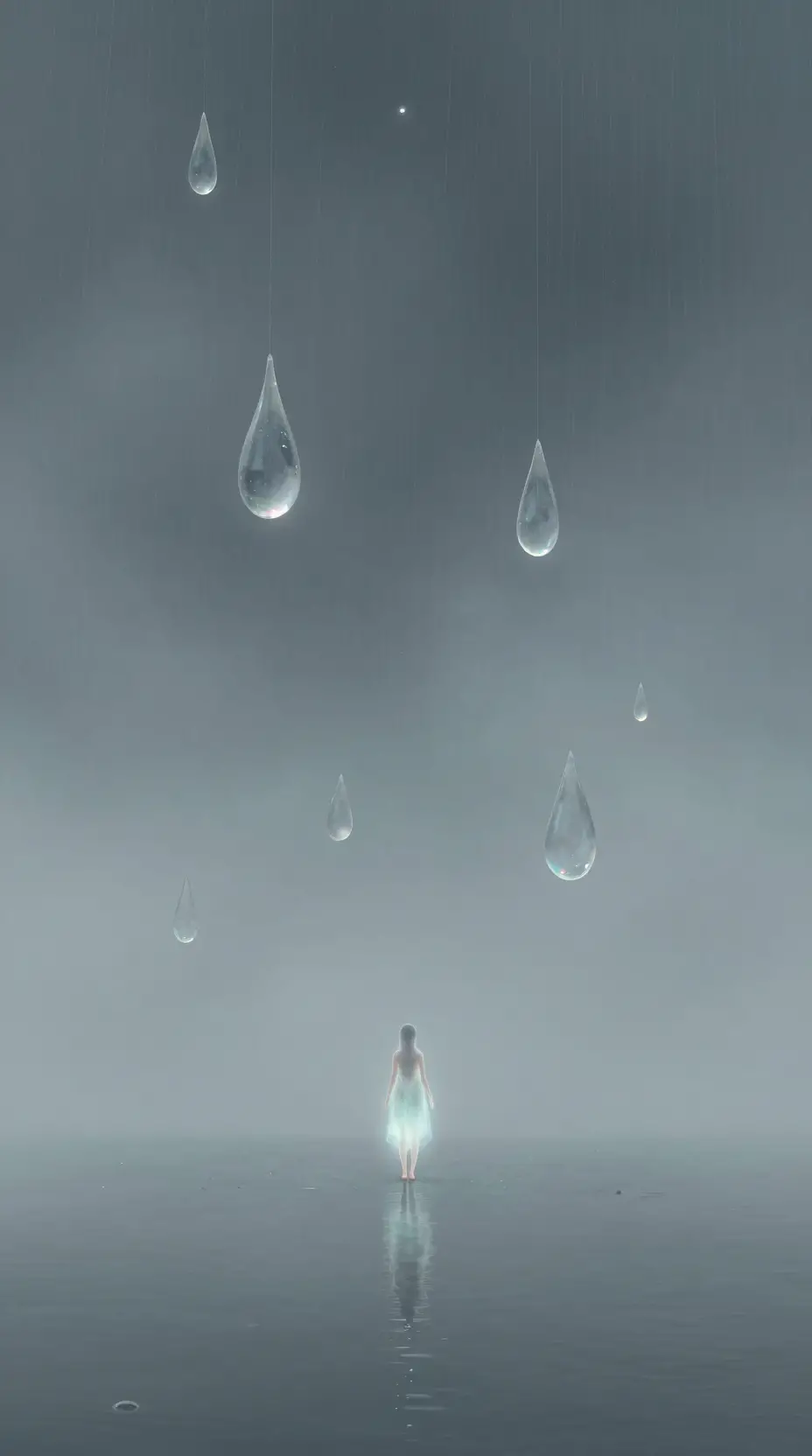 そびえ立つガラスのような雨粒の下の小さな光る存在