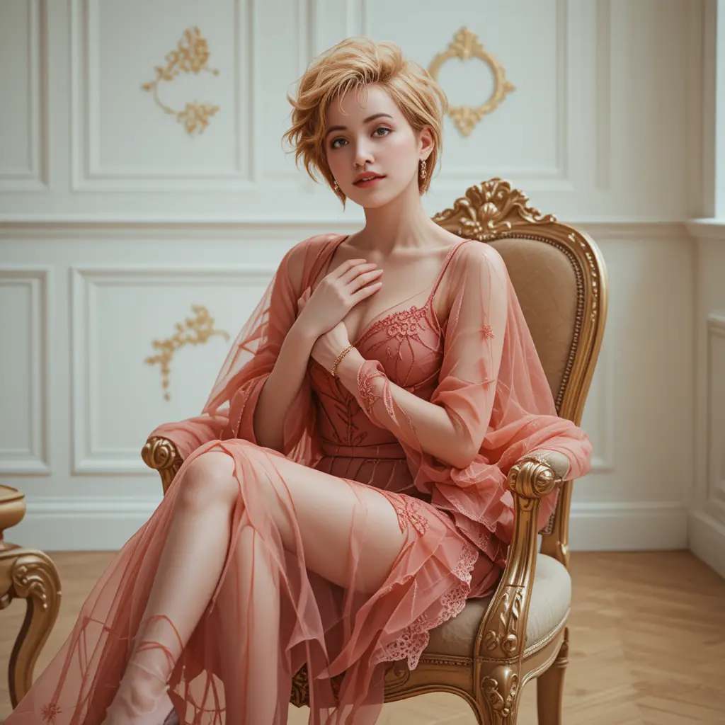 Elegant woman in lace tulle on ornate gold armchair