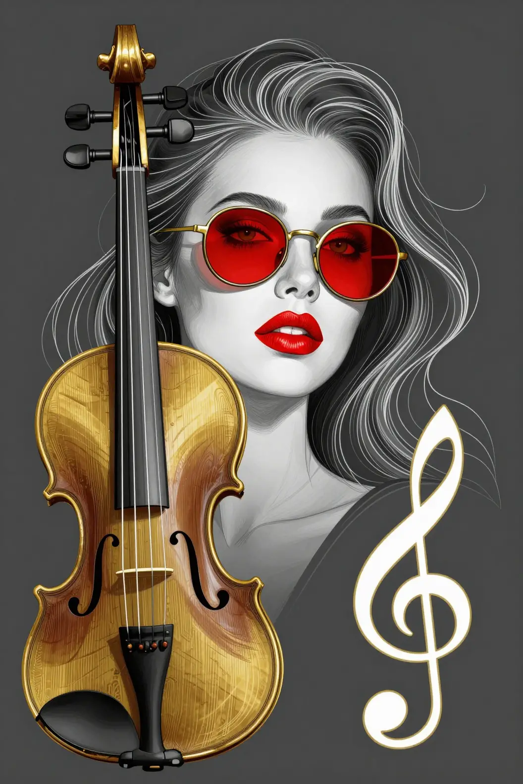 Surreal line art woman fused with violin and treble clef