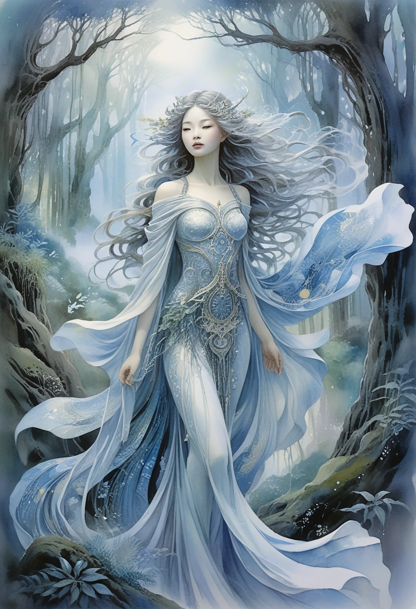 Ethereal woman in flowing garments within a mystical forest