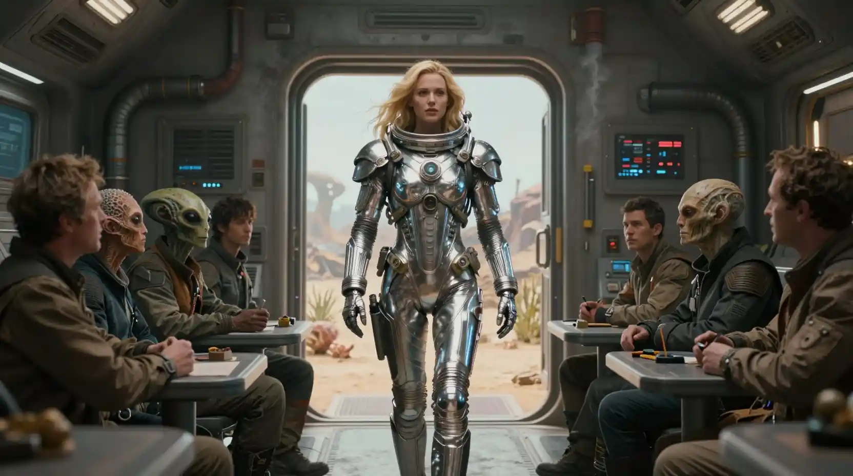 Confident female astronaut entering a rugged spaceship hall