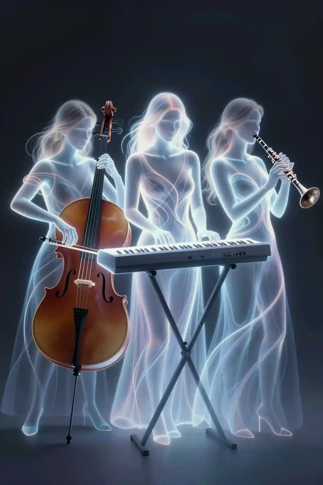 Surreal neon female trio performing music in abstract light