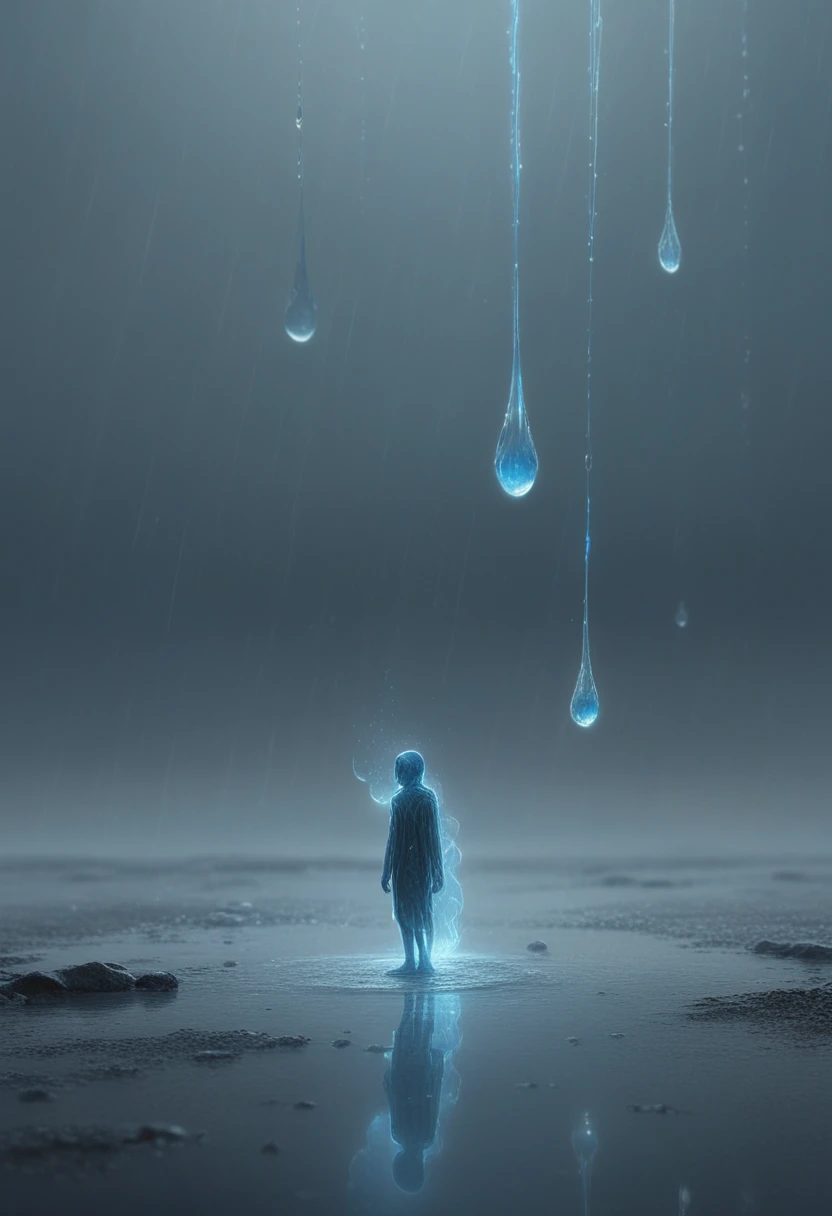 Tiny glowing spirit among giant glasslike raindrops