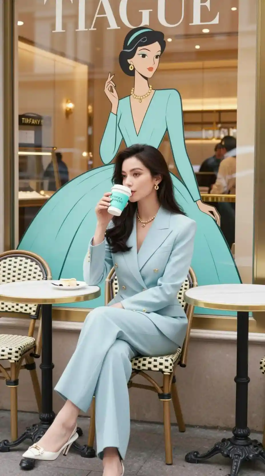 Elegant woman in blue outfit outside a luxury boutique