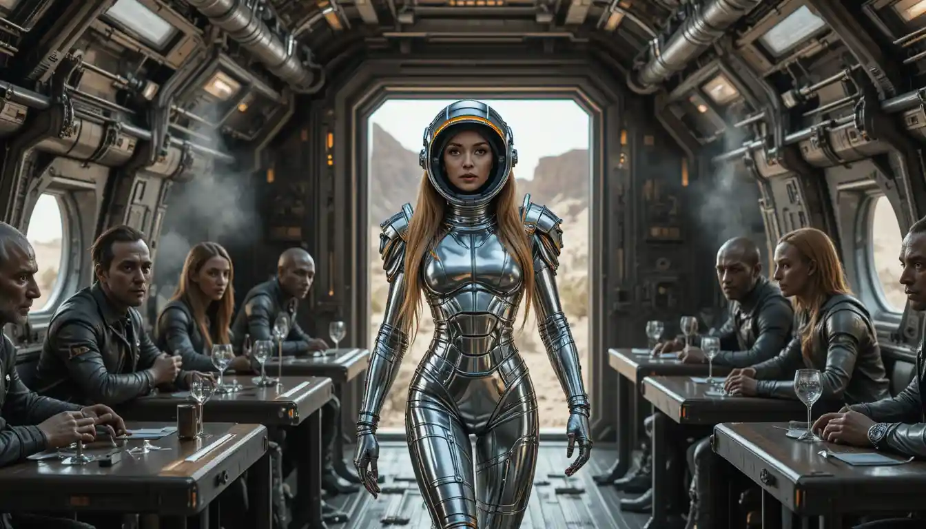 Confident Female Astronaut Entering A Rugged Spaceship Interior