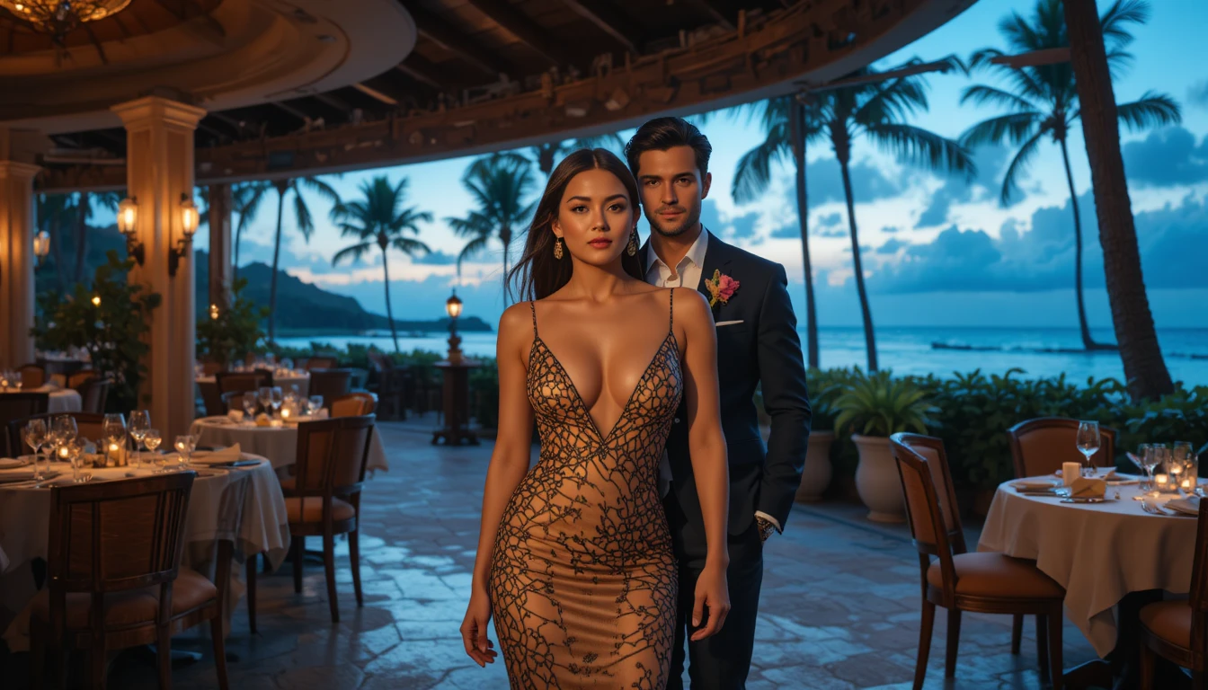 Elegant couple leaving luxury restaurant at tropical sunset