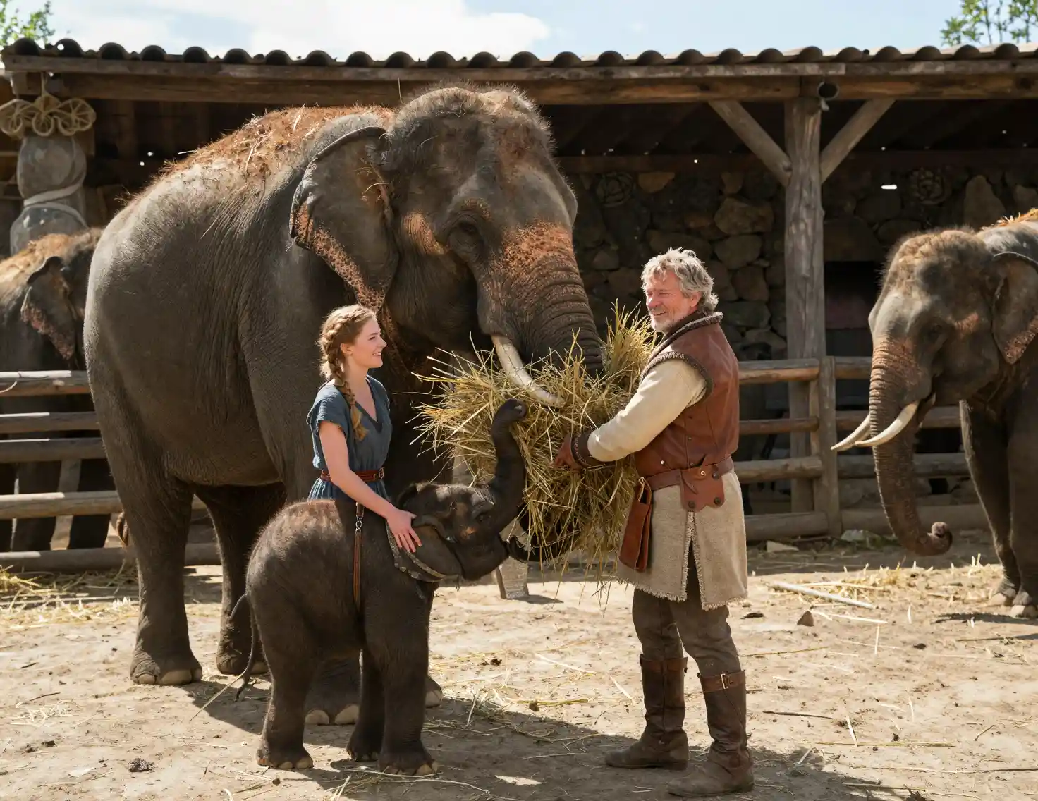 Woman and man feeding elephants in a fantasy farm corral