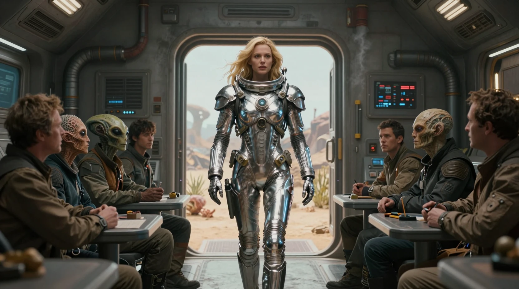 Confident female astronaut entering a rugged spaceship hall