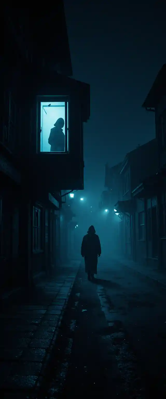 Dark silhouette staring at a dimly lit window at night