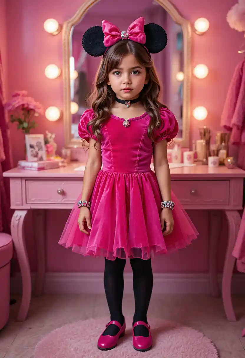 Nervous tween boy in princess costume at bedroom vanity