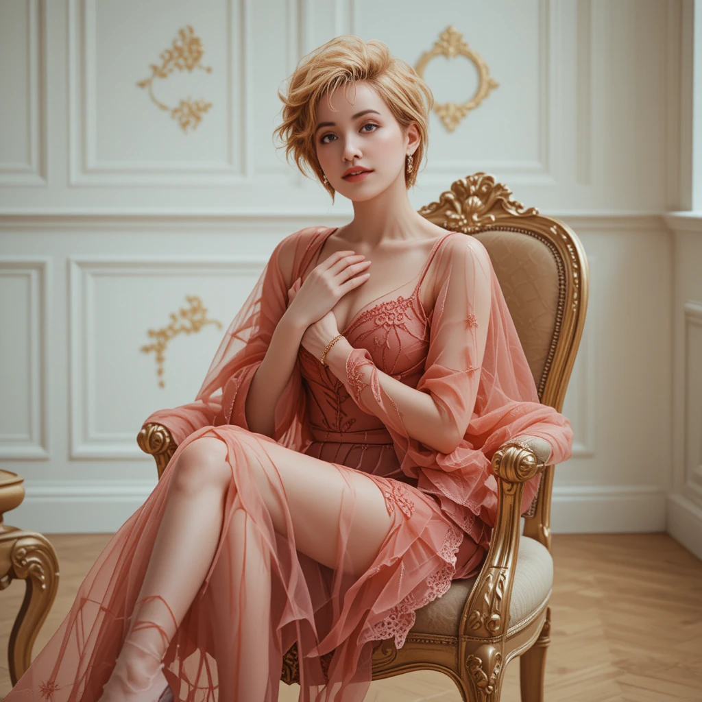Elegant woman in lace tulle on ornate gold armchair