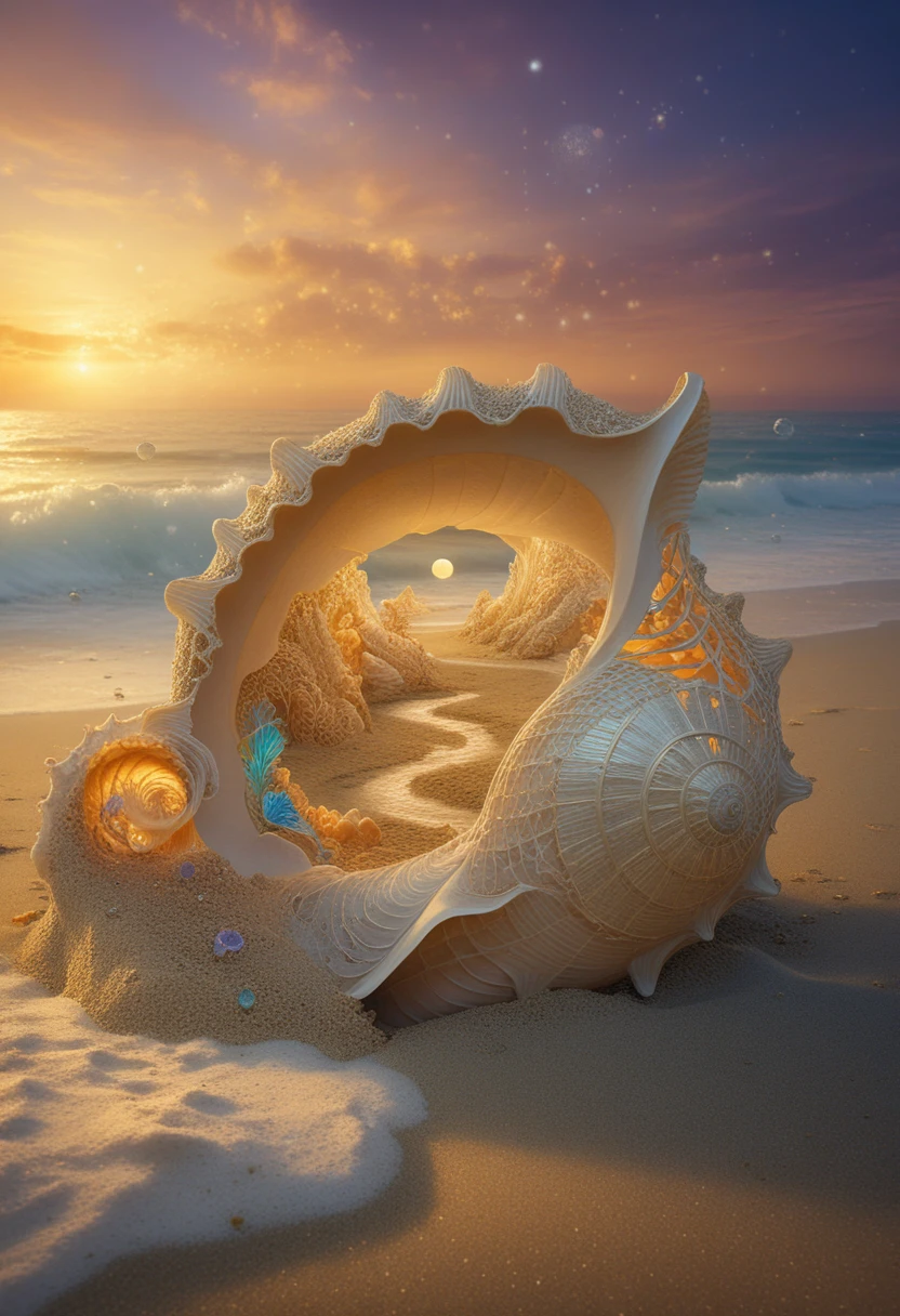 Giant nautilus shell revealing a glowing hidden paradise