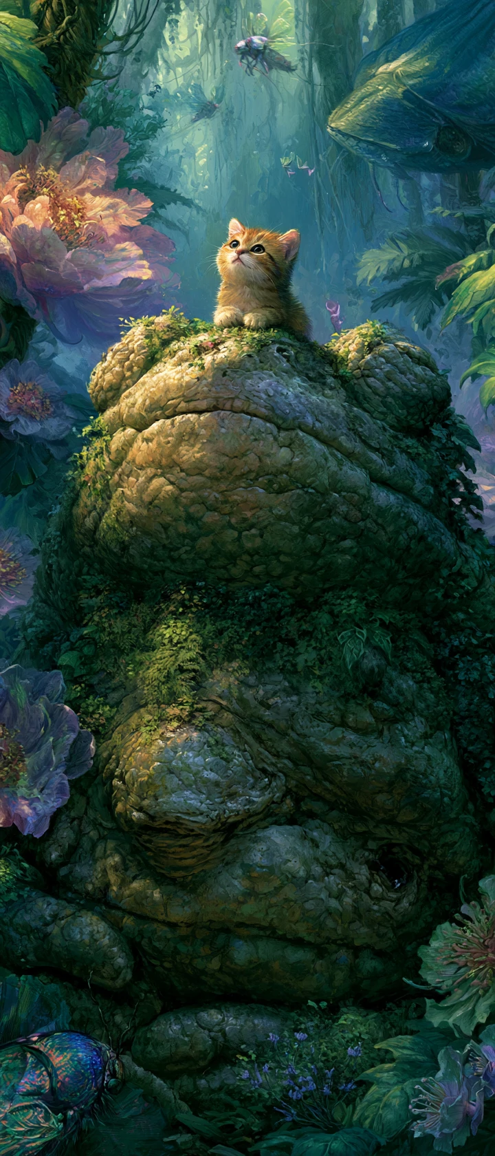 Tiny kitten on a mossy stone frog in fantasy jungle