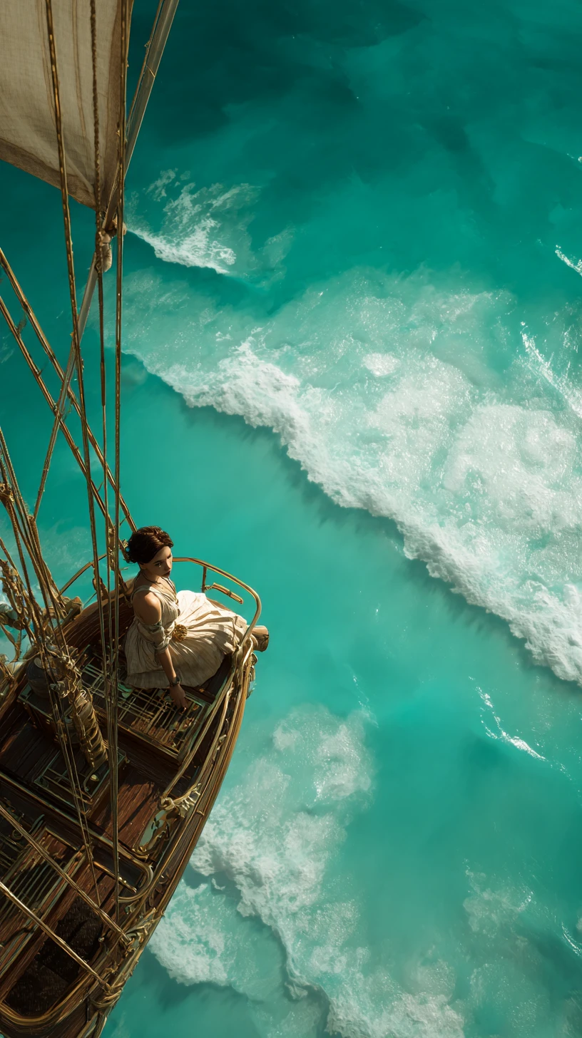 Woman aboard a steampunk airship over turquoise sea