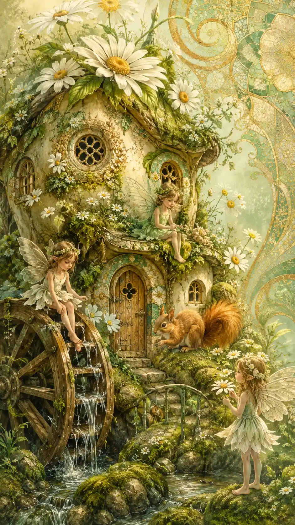 Close up fantasy garden with blooming flower houses and squirrel
