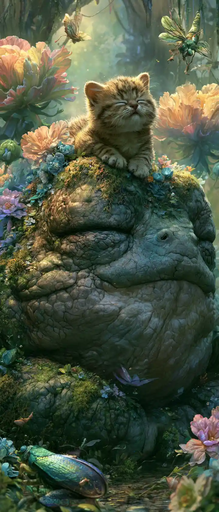Tiny kitten on a mossy frog in an enchanted jungle