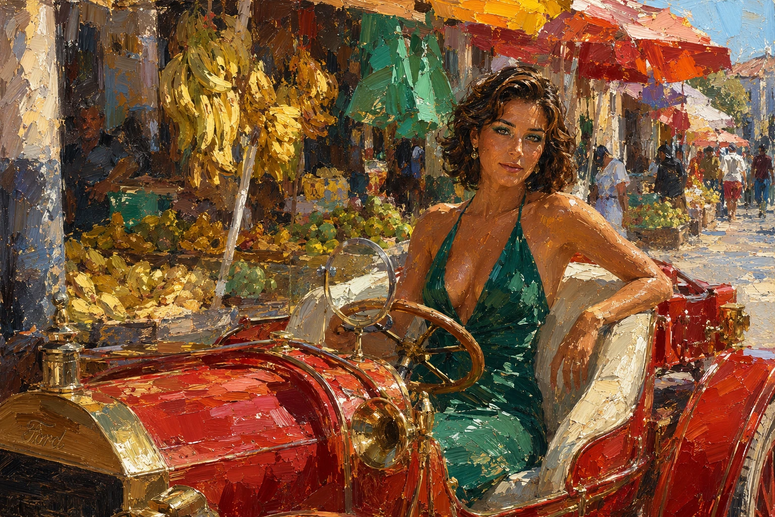 Young woman driving a car in sunlit painterly style