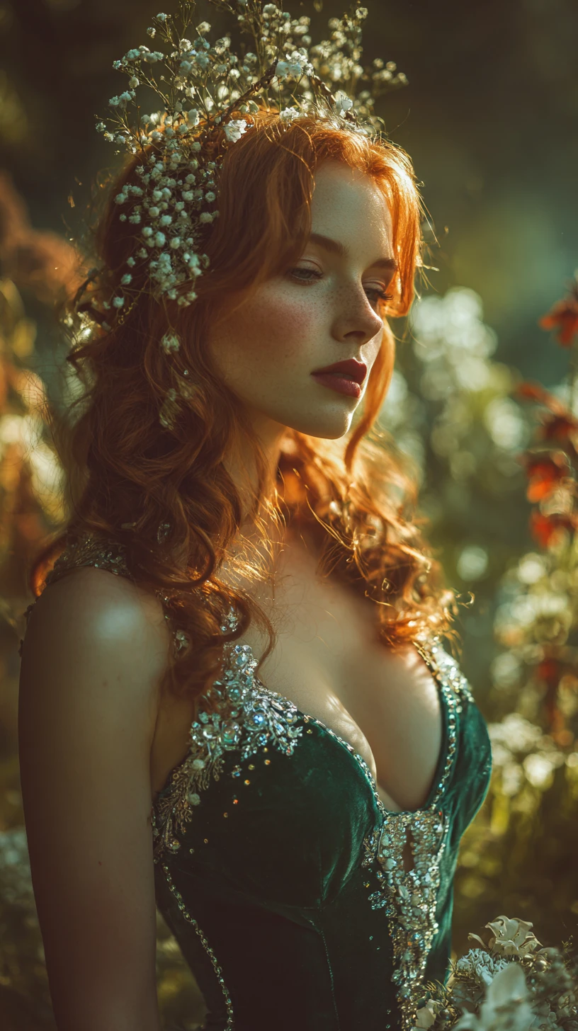 Woman in emerald gown in a sunlit botanical garden