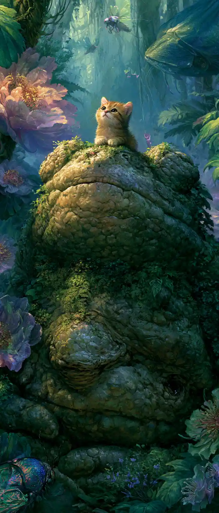 Tiny kitten on a mossy stone frog in fantasy jungle