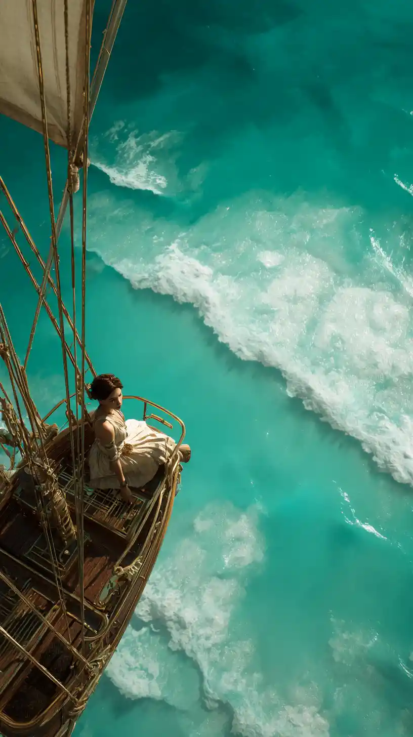 Woman aboard a steampunk airship over turquoise sea