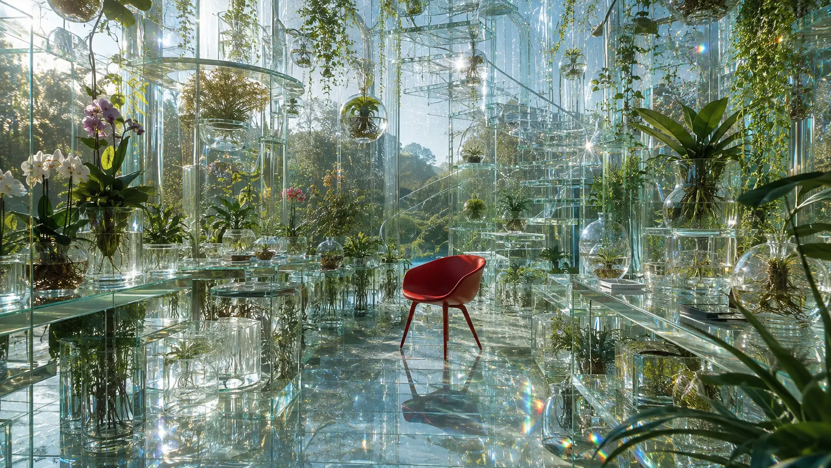 Glass greenhouse installation with living plants and red chair