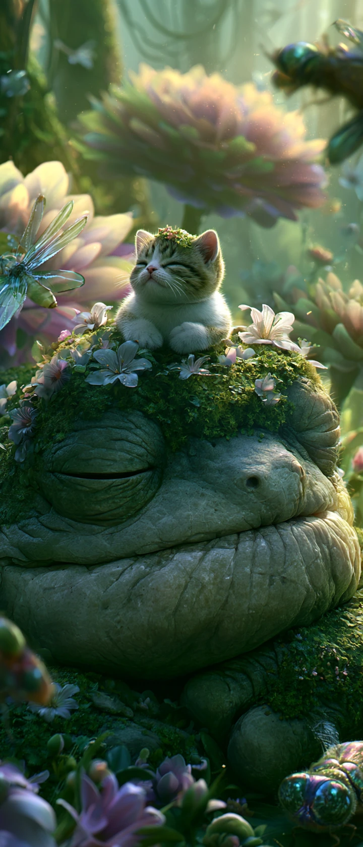 Tiny kitten resting on a giant mossy frog in jungle