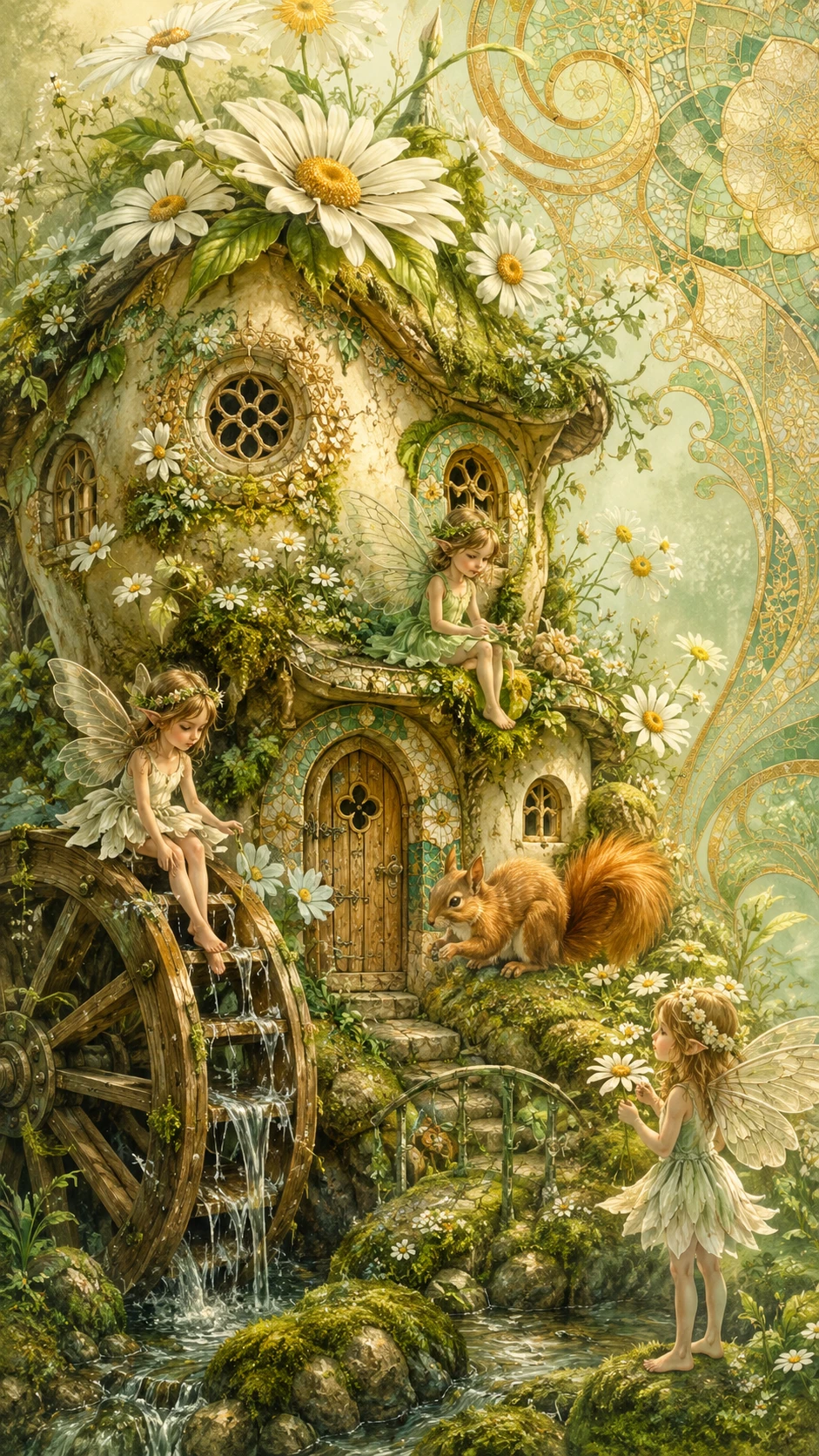 Close up fantasy garden with blooming flower houses and squirrel