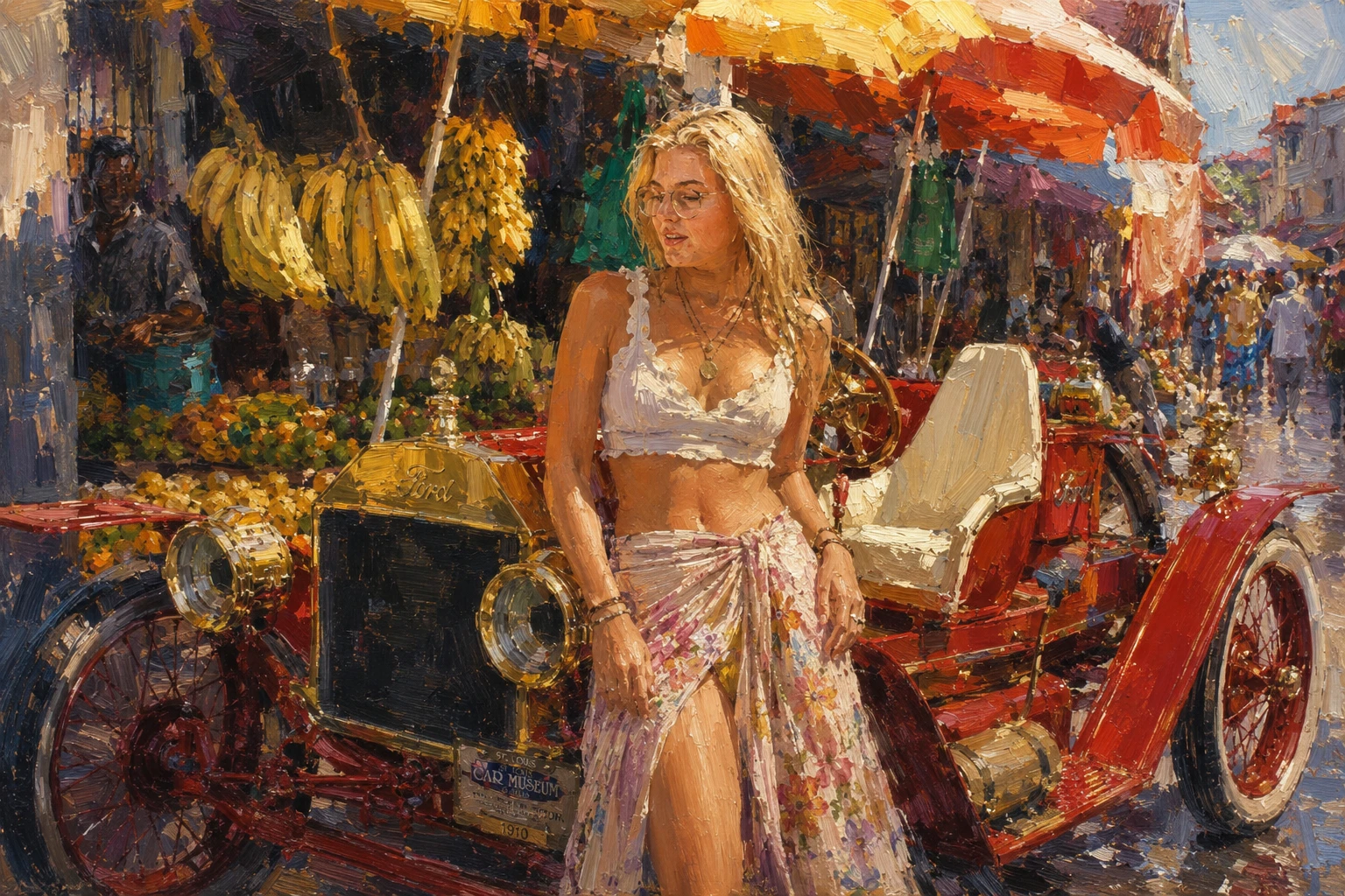 Young hippie woman posing in sunny Mediterranean street