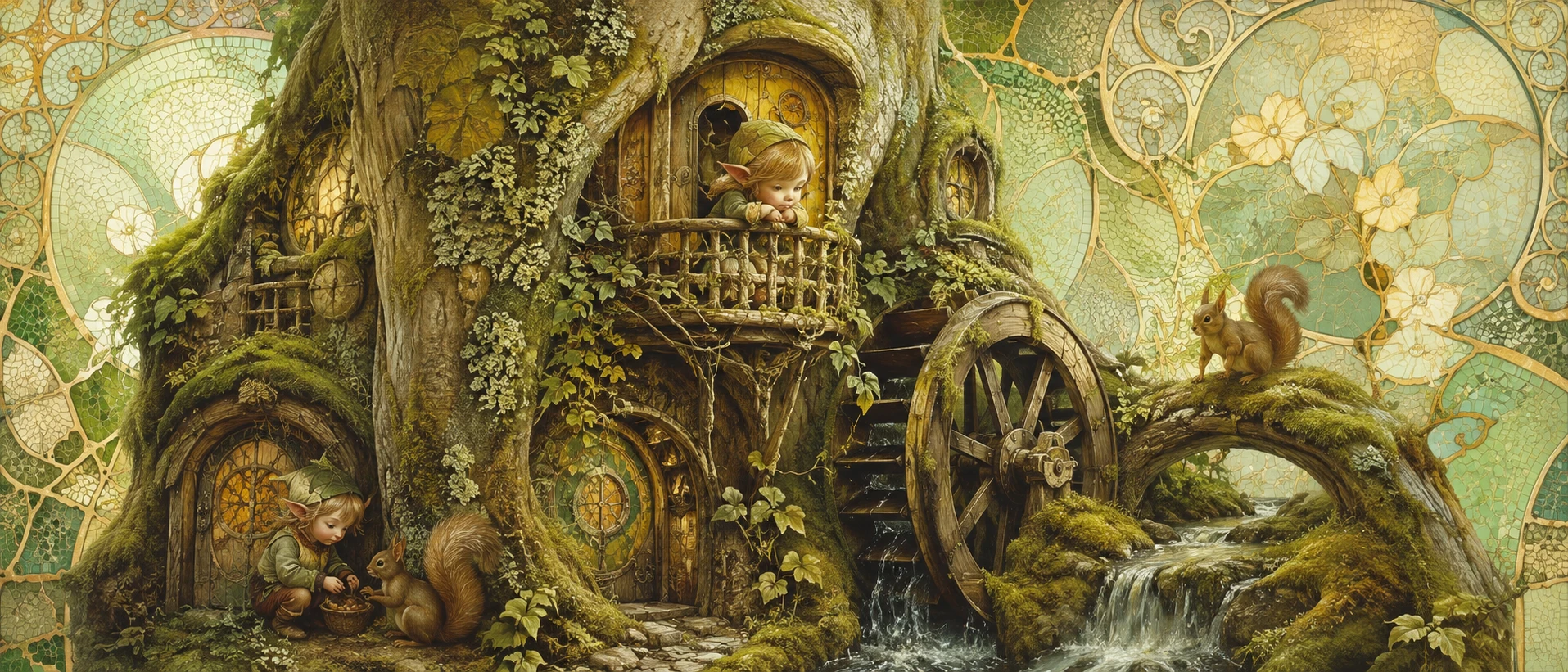 Close up fantasy treehouses with forest squirrels