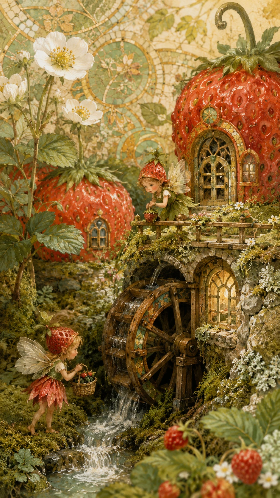 Whimsical Strawberry Houses And Fairies In A Fantasy Forest