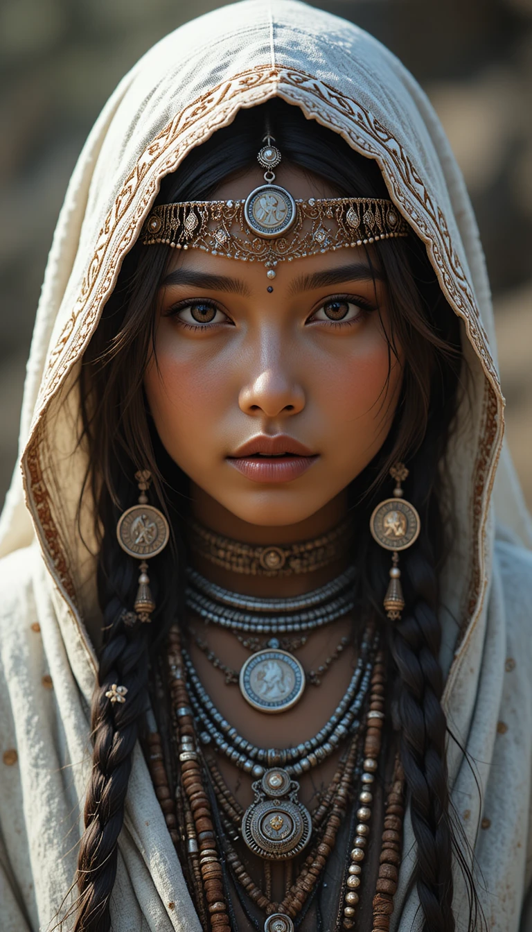 Tribal girl in white hooded shawl with coin headdress